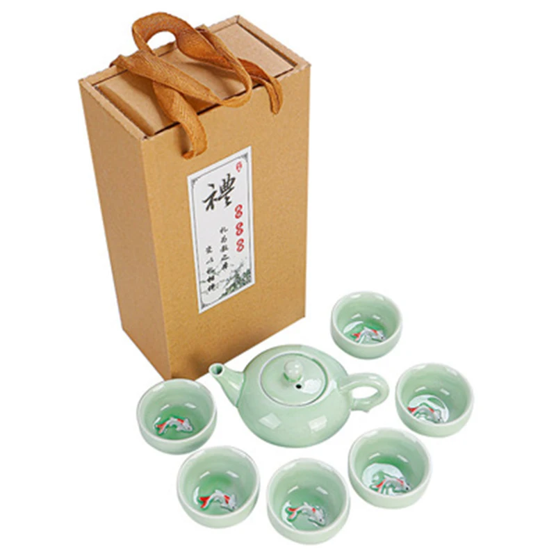 Celadon Carp Tea Cup Kung Fu Tea Set Gift Set Household Simple Portable Ceramic Gift One Pot and Six Cups