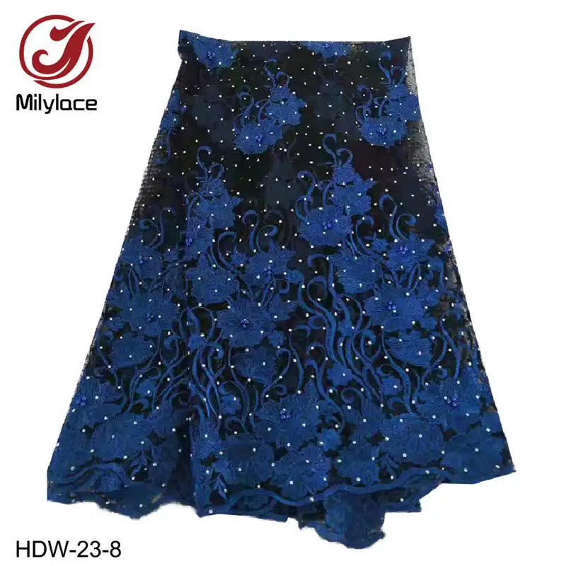 royal blue Milylace синяя нигерийская Тюлевая Ткань 5 ярдов бусины и Камни Тюль кружевная ткань с цветочной вышивкой для платьев HDW-23 - Цвет: royal blue