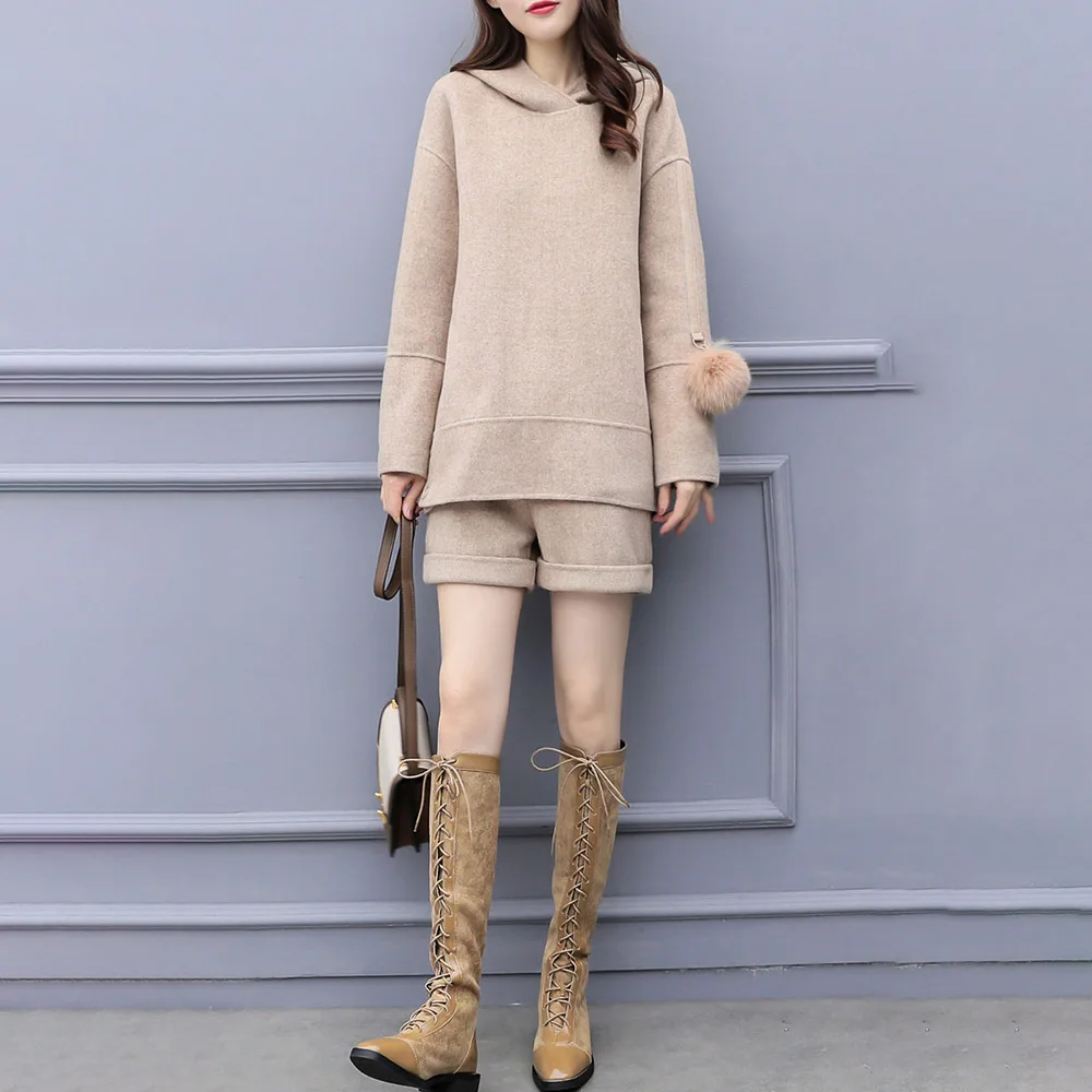 Women Two Piece Sets 2019 Autumn Korean Long Sleeve Wool Hoodies Tops and Shorts Elegant Office Ladies Causal 2 Pieces Suits |