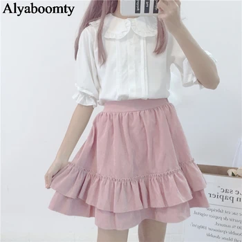 2021 קיץ נשים לוליטה סגנון שיפון חולצה פיטר פן צווארון לבן שחור ורוד חמוד Blusas קצר שרוול Kawaii מורי ילדה חולצה