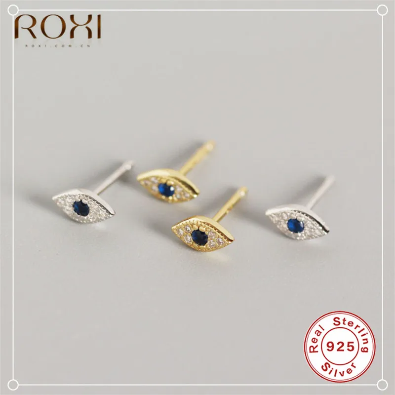 Серьги ROXI в стиле панк «злые глаза», 925 пробы, серебряные мини циркониевые голубые глаза, маленькие серьги-гвоздики для женщин, корейские ювелирные изделия