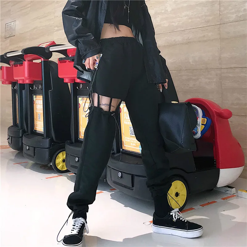 Neploe Harajuku женские модные свободные панковские штаны открытые уличные брюки стрейч талия черные шаровары 53647