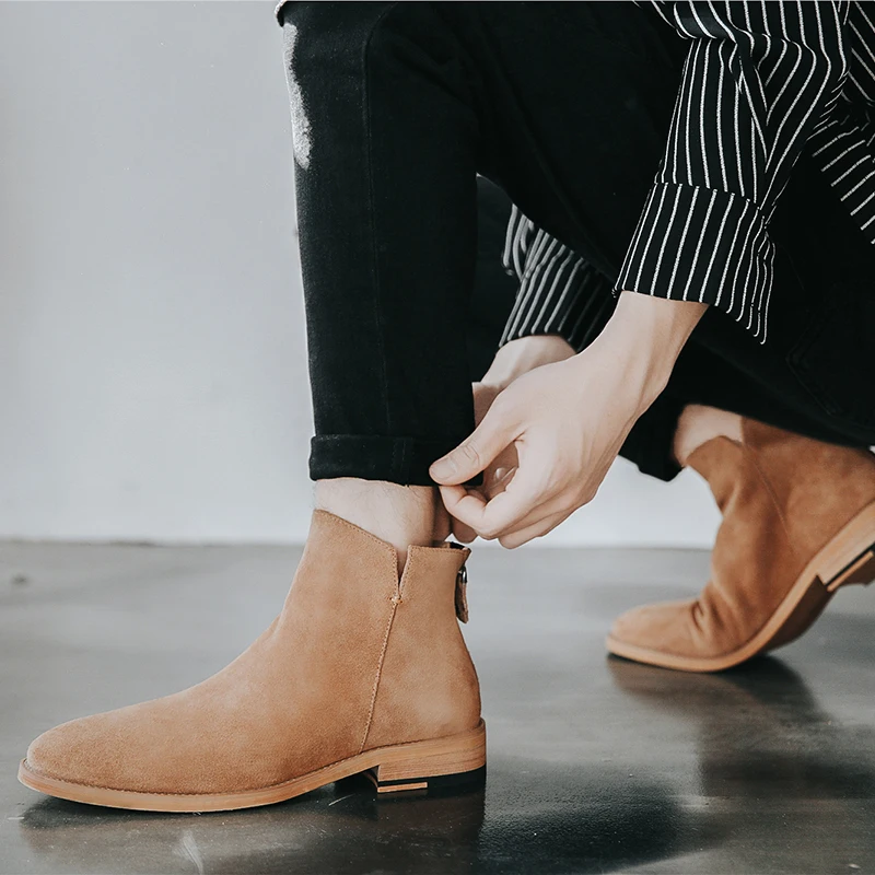 Men Chelsea Boots Men Shoes England Trend Casual Ankle Boots Zip Genuine Leather Male Wedding Dress Chelsea Boots