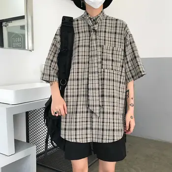 

2020 Summer New Youth Pop Ins Korean Version Of The Loose Plaid Five-point Sleeve Shirt Fashion Casual Single-breasted Shirt