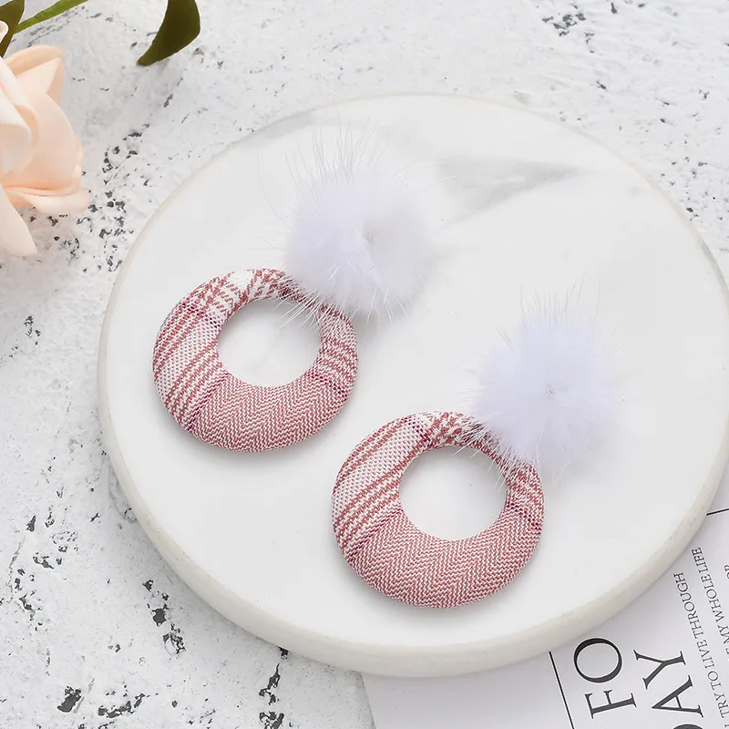 ZG Mink Hair Ball Plaid Round Circle Cute Autumn Fall Winter New Women Girl Stud Earrings Korean Japan Fashion Jewelry