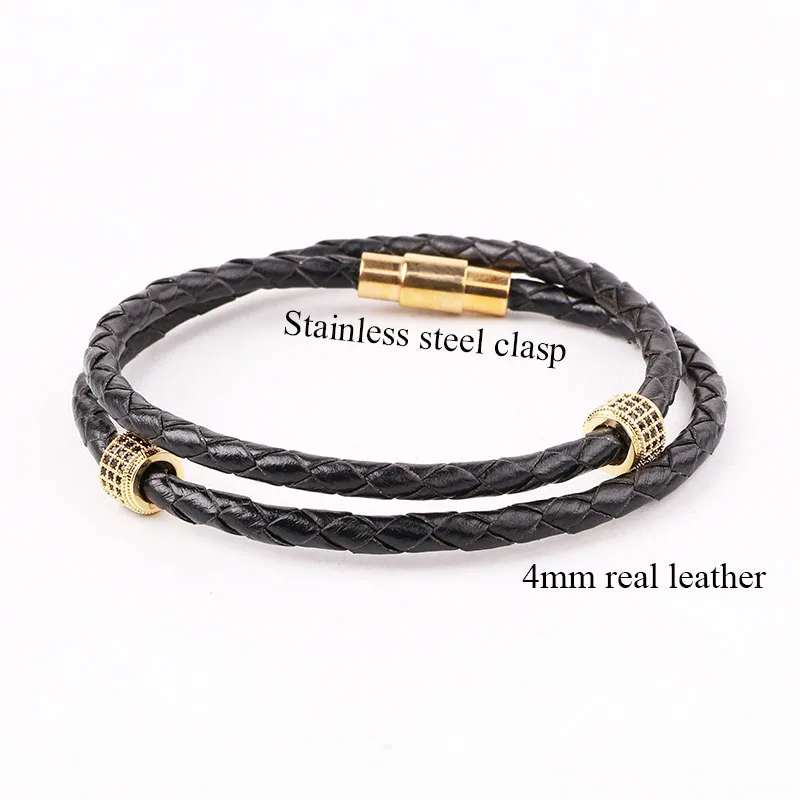 High Quality 316L Stainless Steel Clasp CZ Pave Tube Genuine Leather Bracelet Men Jewelry Gift - Image 3