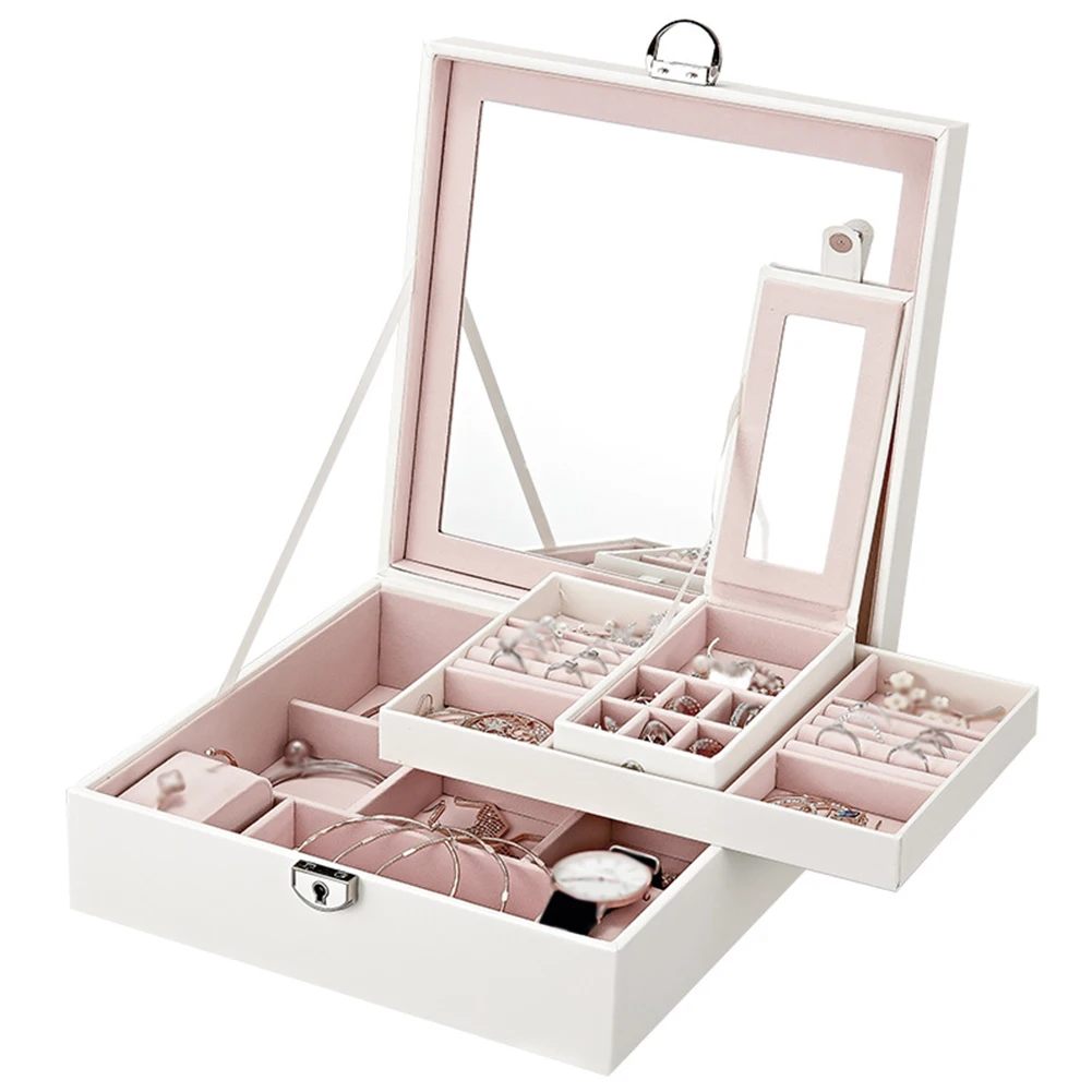 Home Display With Lock Earrings Square Storage Box Necklace Bedroom Desktop Two Layers Multifunctional Jewelry Organizer Mirror - Цвет: Белый
