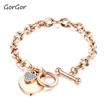 

GorGor Women Bracelets Toggles Clasps Hears Shape with Rhinestone Mosaic Titanium Steel Ladies Fashion Hand Chains 1012