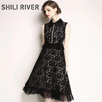 

New summer lace vest dress for women a line sleeveless slim casual elegant girl cute knee length dress with collar vintage black