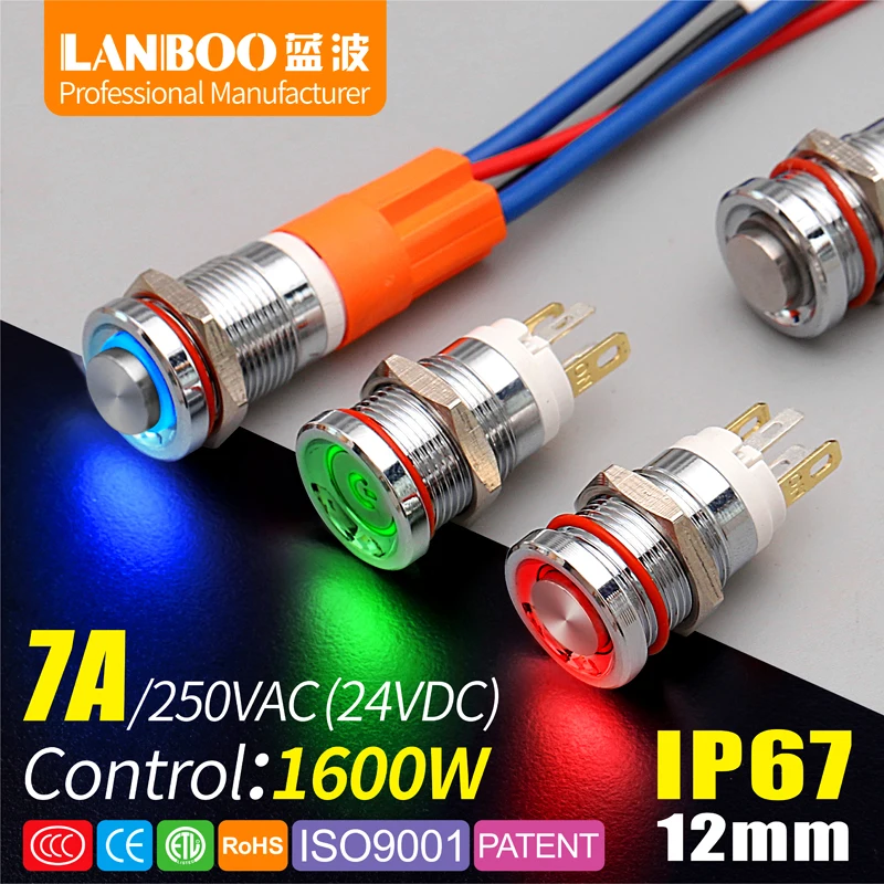 Lanboo interruptor de alta qualidade 12e, interruptor de alta qualidade 7a de alta potência 1no com anel ou energia led ip67, interruptor de botão de metal com barco de carro