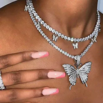 

Cuban Butterfly Necklace Explosive Rhinestone Butterfly Pendant Necklace Hip Hop Jewelry Tennis Chain Necklace ForWomen With Men