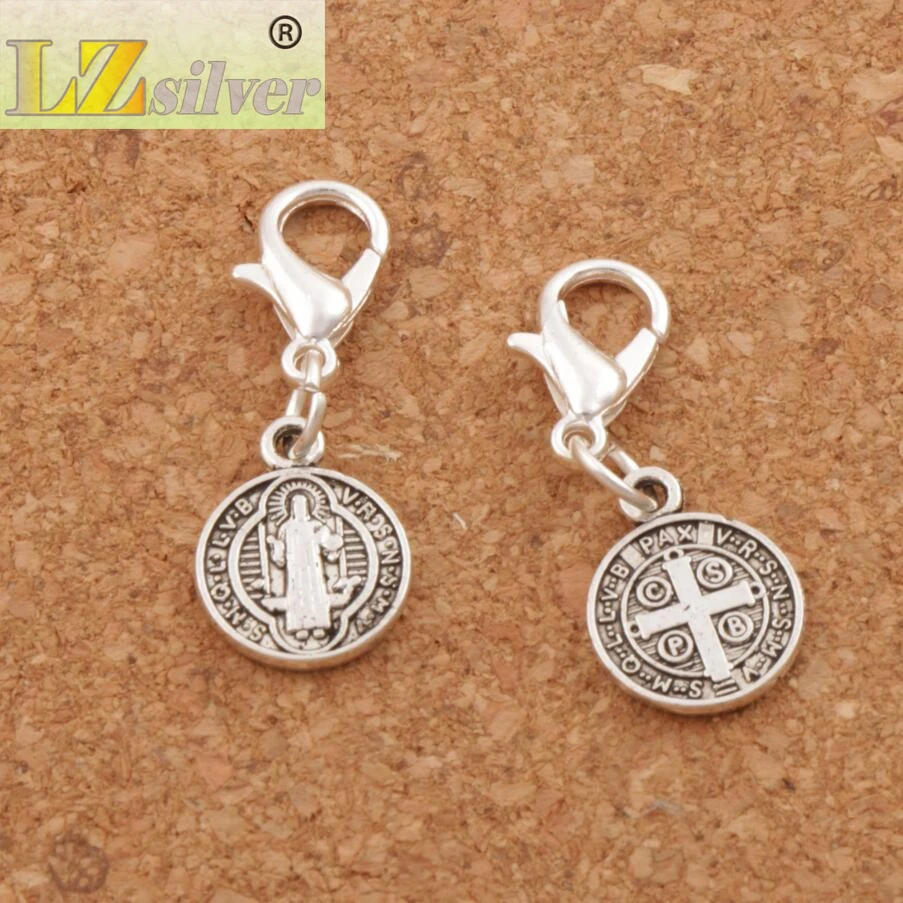 150pcs Saint St Benedict Nursia Patron Medal Cross Clasp European Lobster Trigger Clip On Charm Beads 2colors C1650