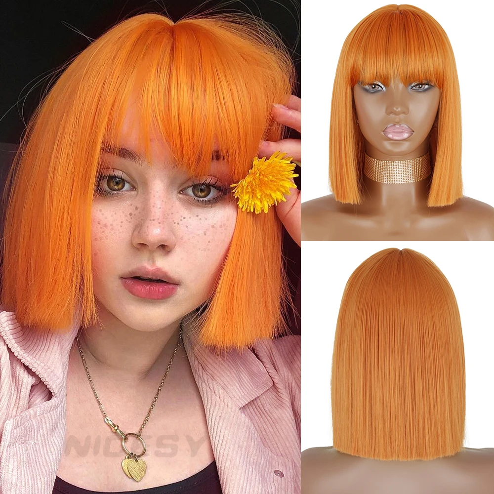 

Orange Short Bob Straight Wigs Bangs Synthetic Wig Black Red For Women Daily USE High Temperature Fibers