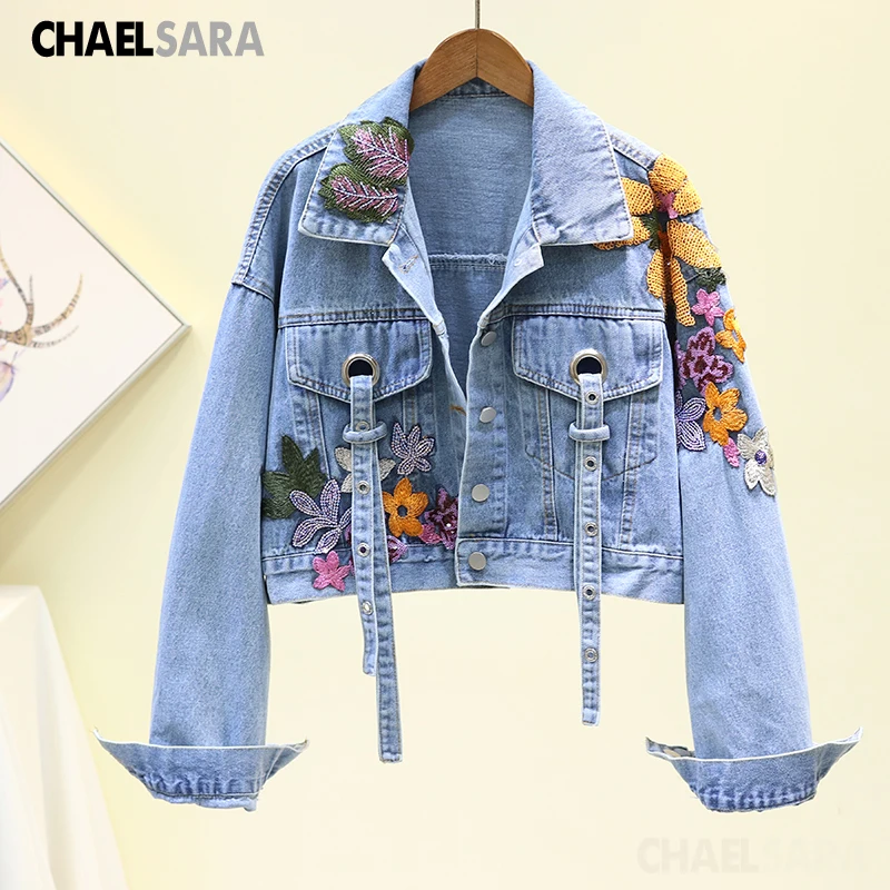 

2020 Spring Autumn Embroidery Short Denim Jackets Women Streetwear Fashion Sequined Jean Coat