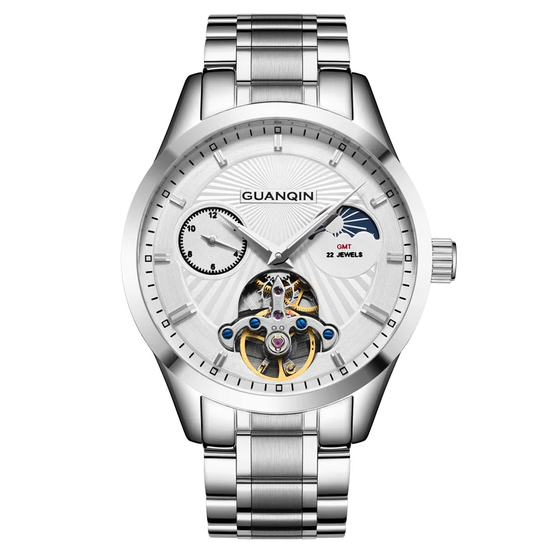 A GUANQIN automatic Tourbillon механические часы мужские роскошные стальные мужские наручные часы золотые мужские часы в виде Луны - Цвет: A