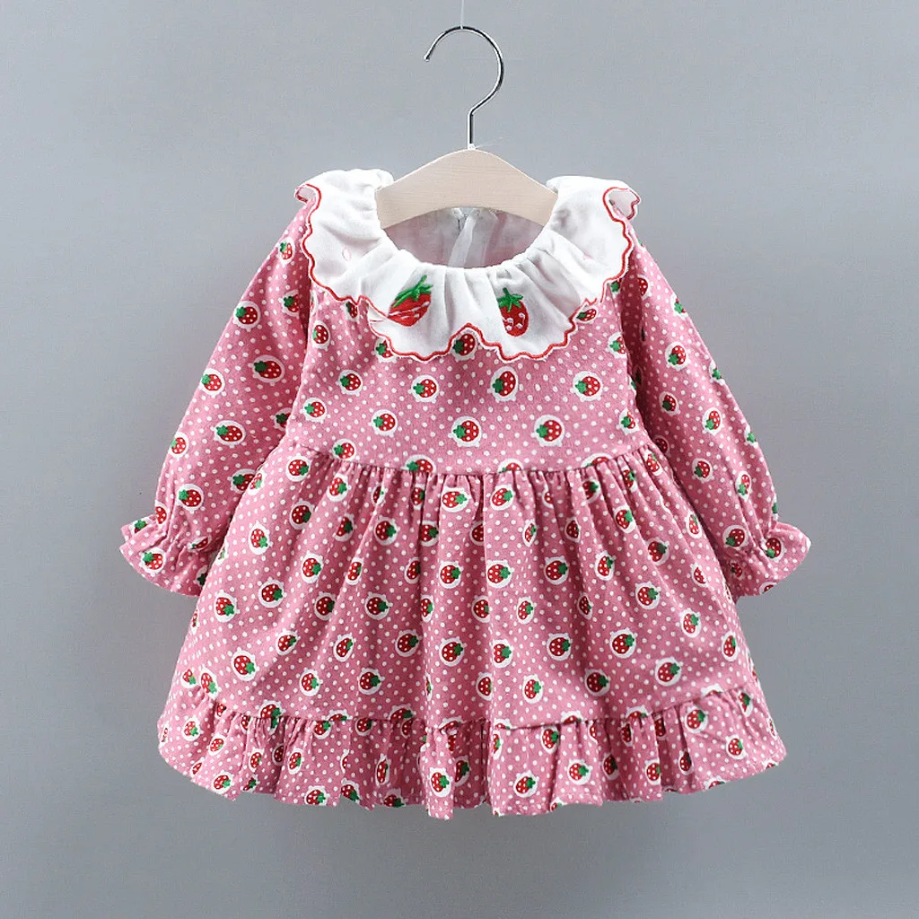 Плотные платья для маленьких девочек; зимнее детское платье принцессы с длинными рукавами и принтом клубники для девочек; Новое Детское повседневное теплое платье; одежда;# LR3