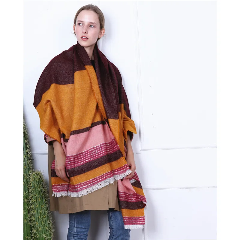 Яркий клетчатый шарф для Aw2019. Женский утолщенный Яркий шелковый полосатый цветной кашемировый теплый шарф-шаль