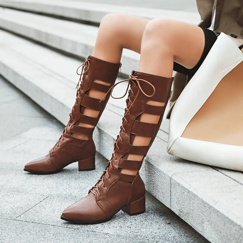 Женские сапоги до середины икры; chaussure boots; сапоги-гладиаторы из искусственной кожи на среднем каблуке; обувь с вырезами на шнуровке; женская обувь; zapatos mujer sapatoH809