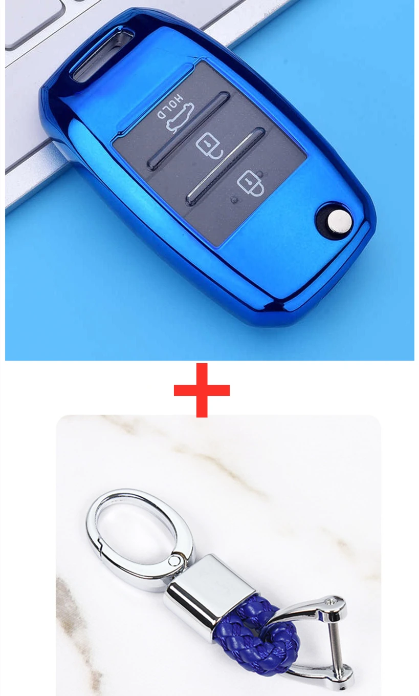 blue with keychain ТПУ чехол для ключей защитный чехол для KIA K3 Sorento Carens K5 K2 Cerato Forte откидной складной чехол для дистанционного ключа - Название цвета: blue with keychain