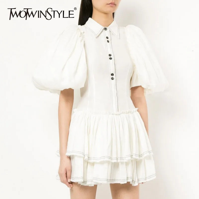 

TWOTWINSTYLE Elegant White Women Dress Puff Sleeve Lapel Collar Button Slim Mini Dresses Female Summer Fashion Autumn New 2019