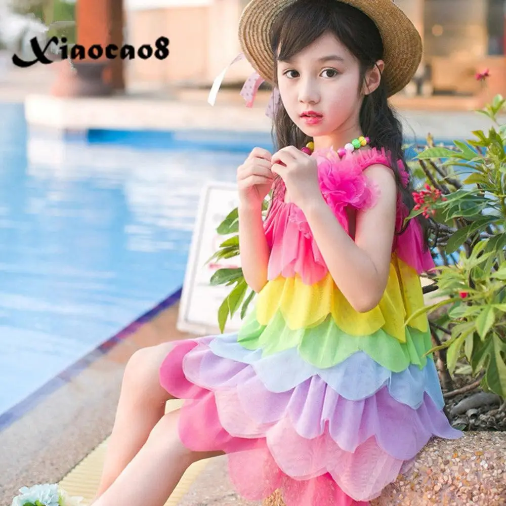 

Toddler Girls Summer Dress Kids Sleeveless Beach Dresses for Girls Cute Rainbow Layered Party Dress Chidlren's Clothing 8 10 6