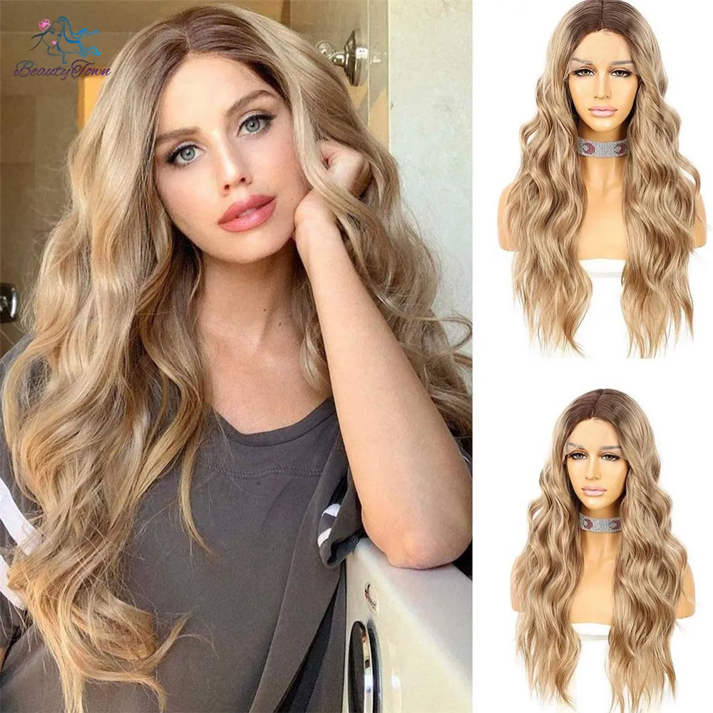 Long Body Wave Ombre Brown Lace Wig for Women Natural #8 Daily Middle Part Synthetic Wigs Heat Resistant Fiber Fashion Women Wig