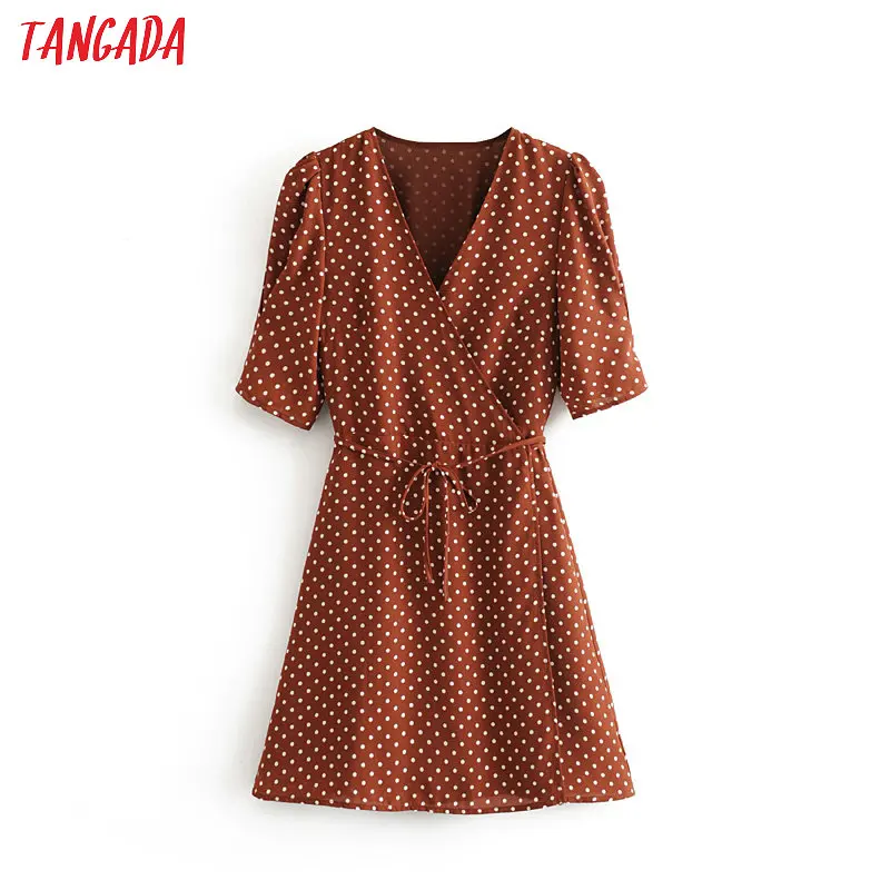 Tangada модное женское шоколадное платье в горошек летнее элегантное шифоновое