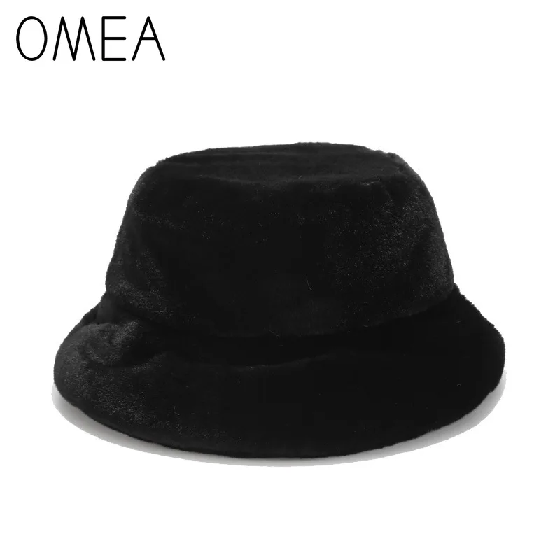 OMEA, шерстяная шапка-ведро для женщин, зимнее теплое искусственное бархатное ведро, шапка из искусственного меха норки, одноцветная, свежая простая шапка-ведро