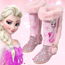 Детская обувь принцессы; Детские Мультяшные сапоги; зимние сапоги из искусственной кожи с блестками; Новые Теплые Сапоги выше колена из натуральной шерсти для девочек