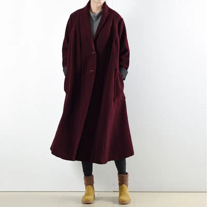 Wine Red Модные женские длинные пальто, теплые куртки, ZANZEA, женские свободные пальто на пуговицах, верхняя одежда, Chaqueta Casaco Femme 5XL - Цвет: Wine Red