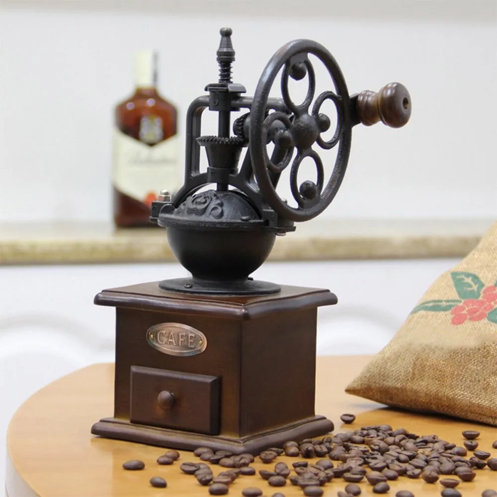 

Coffee Grinder Cast Iron Hand Crank Coffee Machine with Grind Settings Catch Drawer Retro HY99