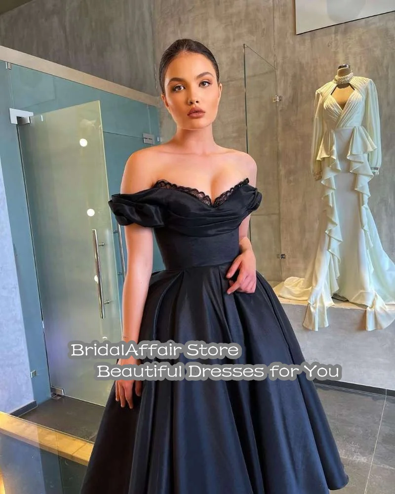 BridalAffair Ball Gown Prom Dresses Off Shoulder Black Satin Vintage Graduation Celebrity Dress A-Line Tea Length Party Gowns satin prom dress