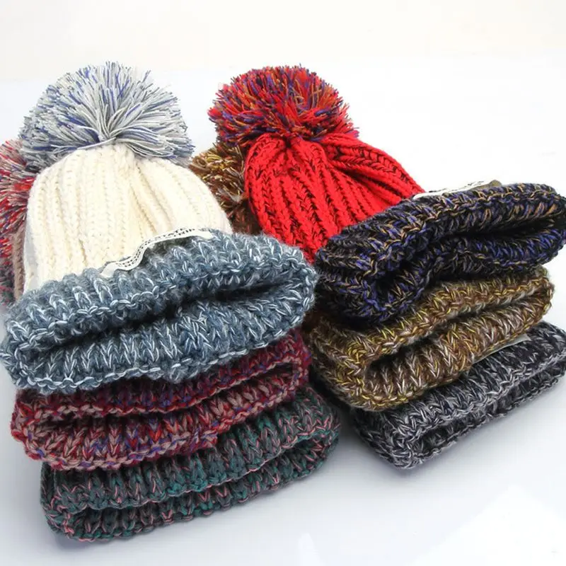 

Womens Winter Contrast Color Cuffed Hat Colorful Confetti Crochet Knit Letters Logo Patch Fluffy Pompom Ball Stretchy Beanie Cap