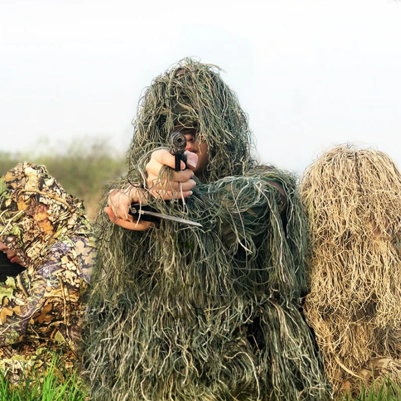 Военная камуфляжная одежда для охоты, костюм для охоты, 5 шт., капюшон+ пояс+ топ+ штаны+ сумка, набор, снайперский Ghillie Камуфляж, 3D тактический Костюм Униформа
