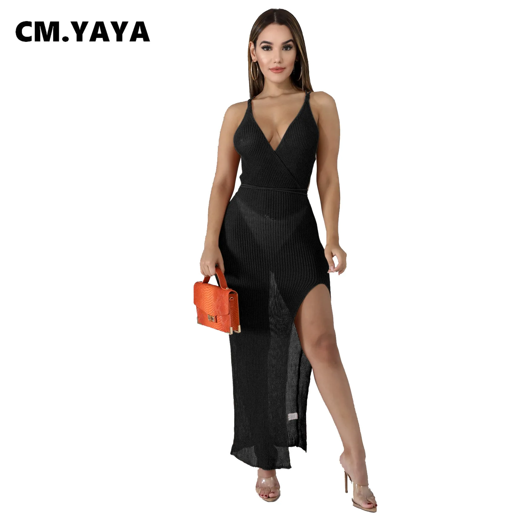 Женское длинное платье на бретелях CM.YAYA однотонное Сетчатое платье-миди без