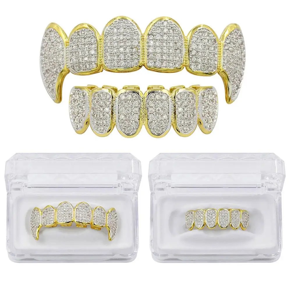Teeth Grillz Hip Hop Grillz Iced Out CZ Fang Mouth Caps Top & Bottom