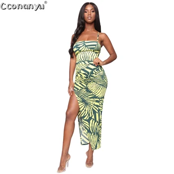 

Women Spaghetti Strap Print Split Dress 2020 Summer High Waist Sleeveless Party Casual Irregular Beach Dresses