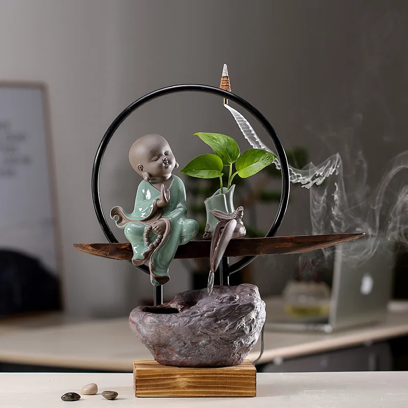 Zen Monk Desk Water Fountain with Incense Burner Hydroponic Planter, Ceramic Humidifier Waterfall,Fengshui Fountain Home Decor