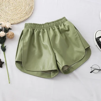 

HELIAR Women Green Leather Elastic Waist Shorts Outerwear Sexy Hot Shorts Wide Leg Woman Night Club Shorts 2019 Autumn