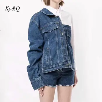 

Runway Brand Winter 2019 Fashion One-shoulder Denim Jacket Top Irregular Women Lapel Long-sleeved Pocket Jacket Luxury Sexy