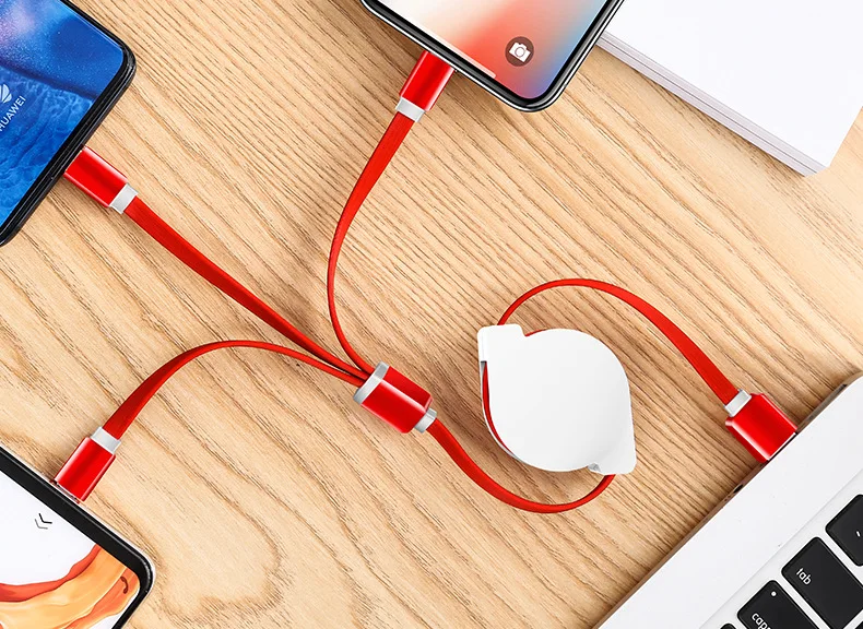 Красота кабель для передачи данных для мобильного телефона 2.4A Быстрый зарядный кабель Android 3-в-1 Телескопический кабель для передачи данных Mini-USB смарт-устройств Usb кабель - Цвет: Красный