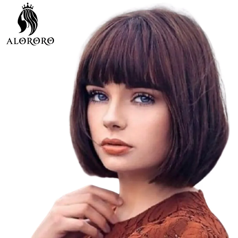 Alororo-Peluca de Bob corto con flequillo para mujer, peluca sintética de fibra de alta temperatura, color rojo y negro, 10 pulgadas, para uso diario