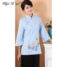 Новая мода цветочный принт женские топы Ципао рукав три четверти стоячий воротник рубашка Повседневная льняная китайская блузка Cheongsam топы