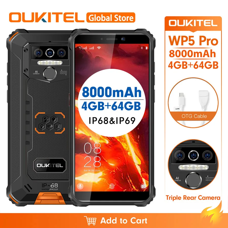 OUKITEL WP5 Pro 5.5 inches 4GB 64GB IP68 Waterproof Smartphone 8000mAh Android 10 Triple Camera Face/Fingerprint ID Mobile Phone OUKITEL WP5 Pro 5.5 inches 4GB 64GB IP68 Waterproof Smartphone 8000mAh Android 10 Triple Camera Face/Fingerprint ID Mobile Phone