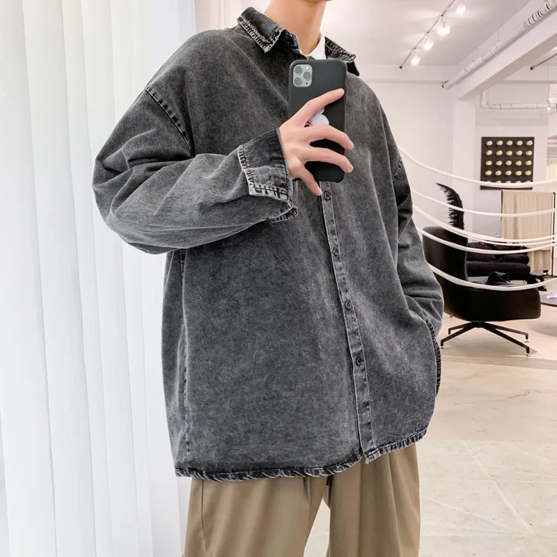 

Spring Denim Shirt Men's Fashion Washed Retro Cotton Casual Denim Shirt Men Streetwear Wild Loose Long Sleeve Shirts Mens M-2XL