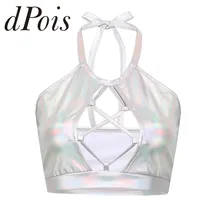 Женские блестящие топы с эффектом «Мокрого» металлического цвета, топы с бретельками на шее на бретельках, одежда для плавания, открытая передняя часть, открытая спина, укороченная майка, блузка, клубная одежда