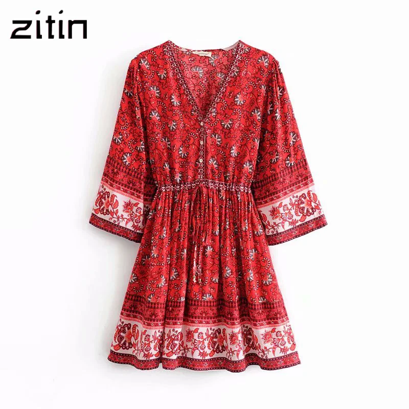 Boho шикарное летнее винтажное мини-платье с цветочным принтом для женщин модное пляжное платье на бретелях с завязками на пуговицах vestidos mujer