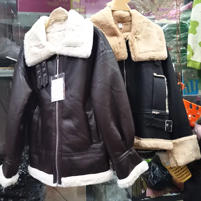 Leather Jacket Women Short Plus Thick Velvet PU Leather Jacket Motorcycle Jackets Women's Winter Faux Lambs Fur Coat Coats