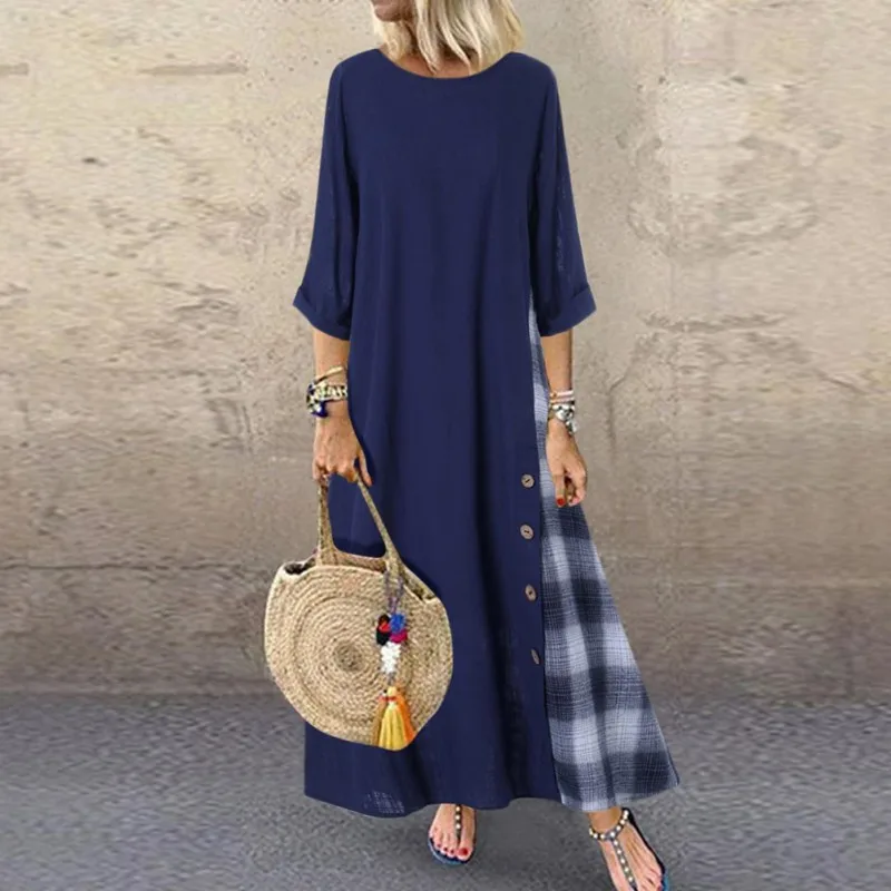 Autumn Dress Patchwork Casual Three Quarter Sleeve O-neck Button High Low Hem Plus Size Long Dresses