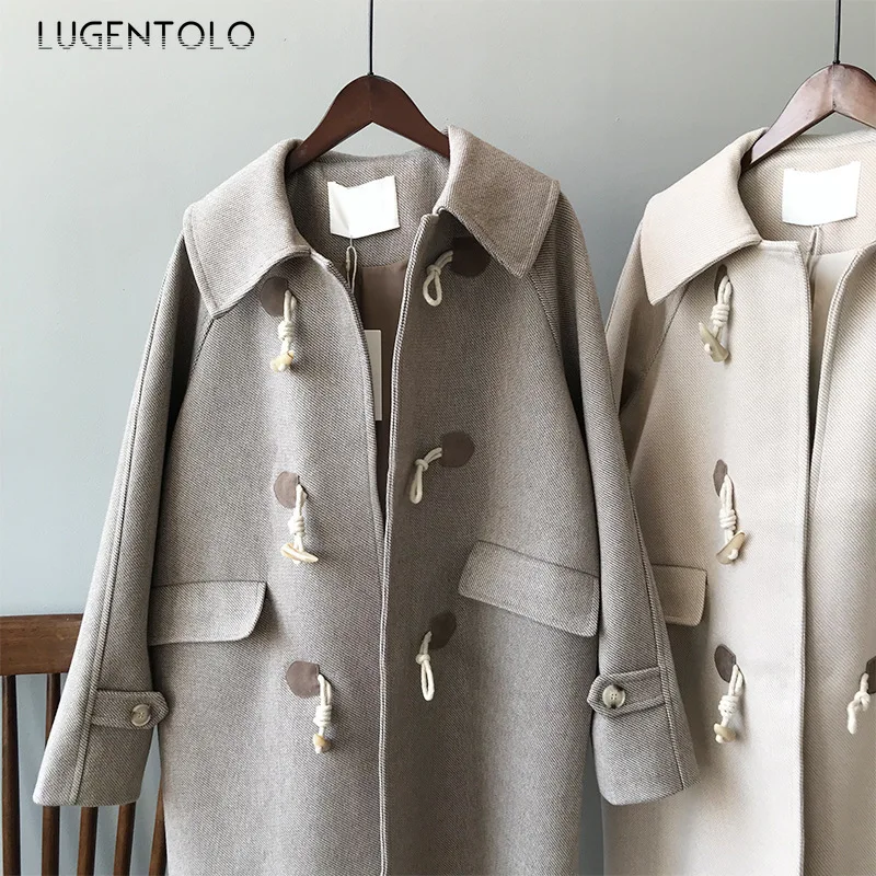 Lugentolo, Женское шерстяное корейское зимнее пальто, свободные, утолщенные, шикарные, повседневные куртки, с роговой пряжкой, для девушек, элегантные, одноцветные, простые, длинные пальто